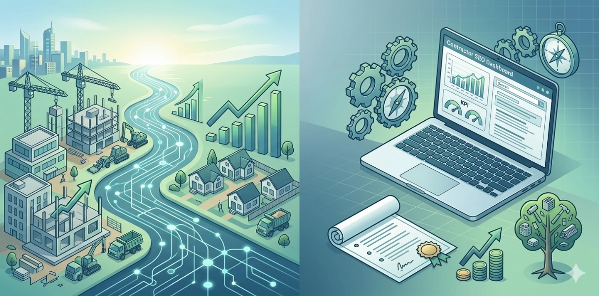Contracting job with marketing and SEO icons and an isometric tech city graphic