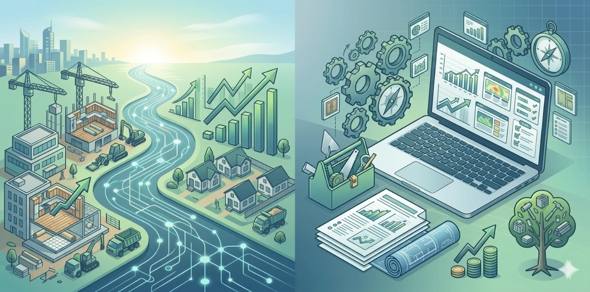 Cabinetry and flooring job with marketing and SEO icons and an isometric tech city graphic
