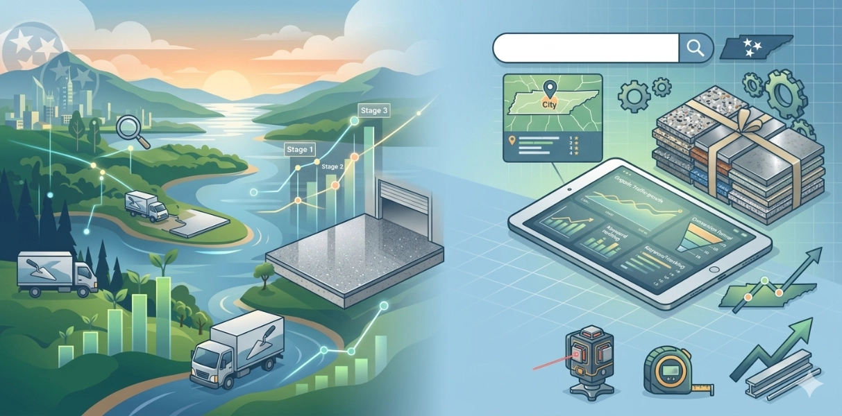 flooring-featured-image-1200×600 Flooring sites with marketing and SEO icons and an isometric tech city graphic