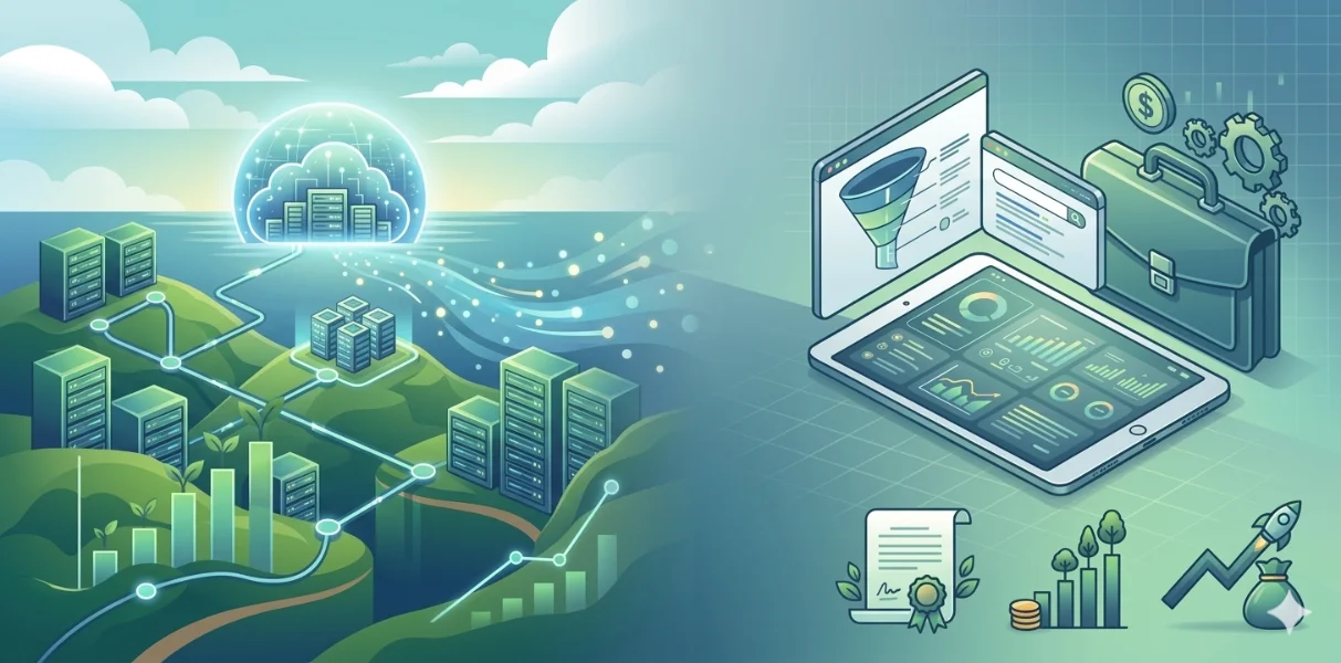 hosting-featured-image2-1200×600 Hosting graphic with marketing icons and an isometric tech city graphic