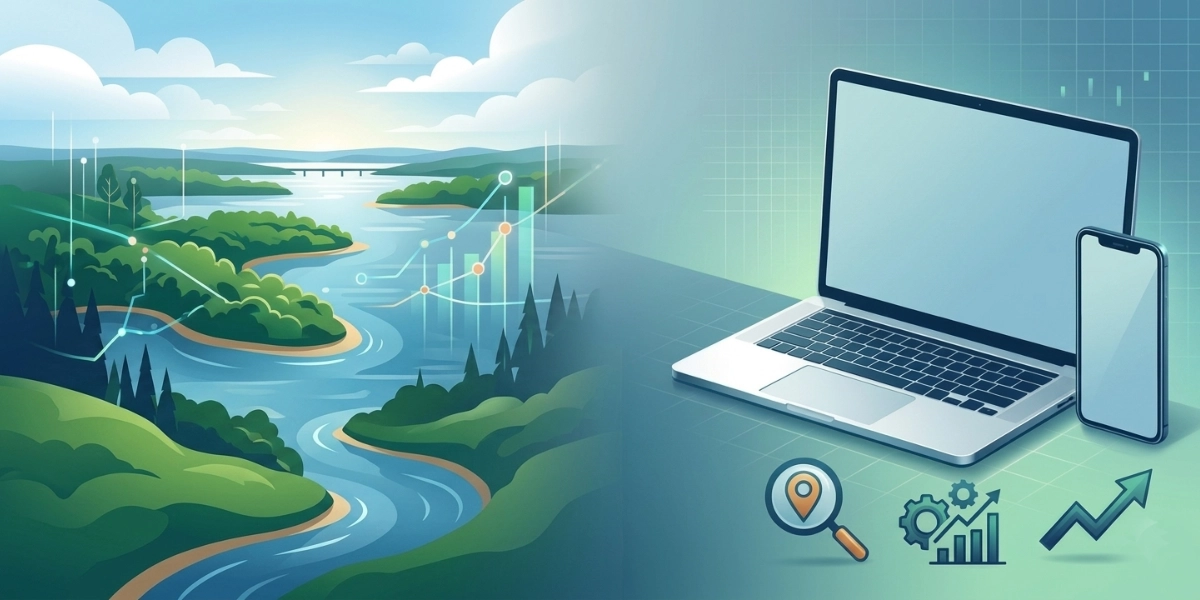 Laptop Icon with a river and nature graphic on the left side of the graphic.