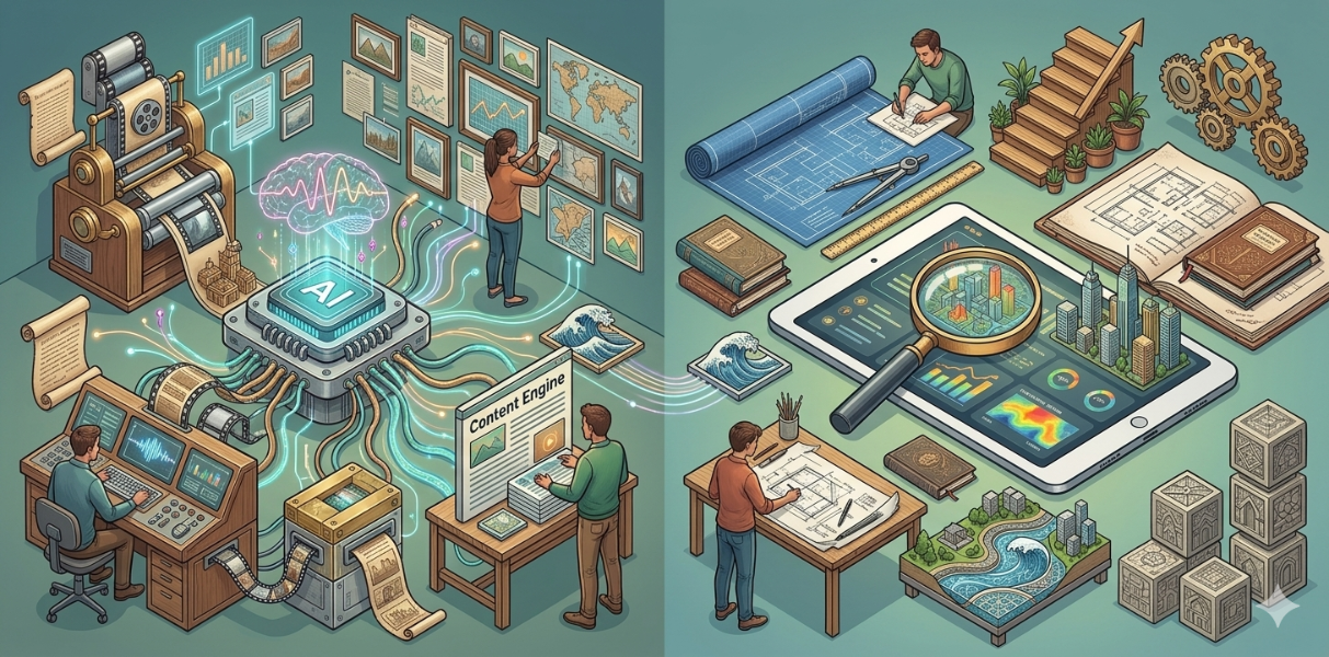 GEO graphic with isometric people and AI computers and data centers