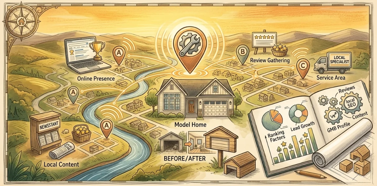 A map with home and art depicting Local SEO tactics with a sketchbook feeling graphic