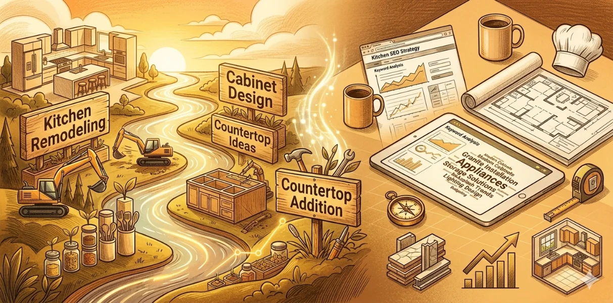 Kitchen Remodeling and research on many devices for SEO graphic.