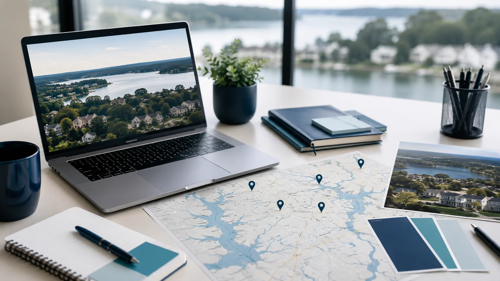 A laptop with a map with locations on it