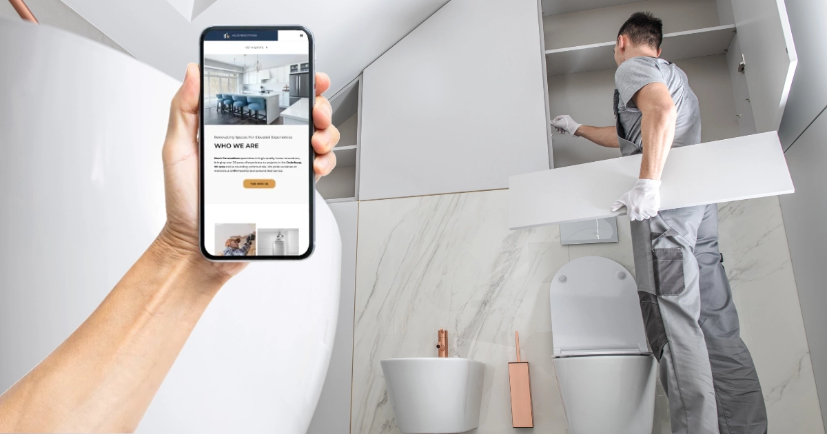 Man renovating a bathroom while a hand holds up a mobile phone with a Renovation website on a mobile phone