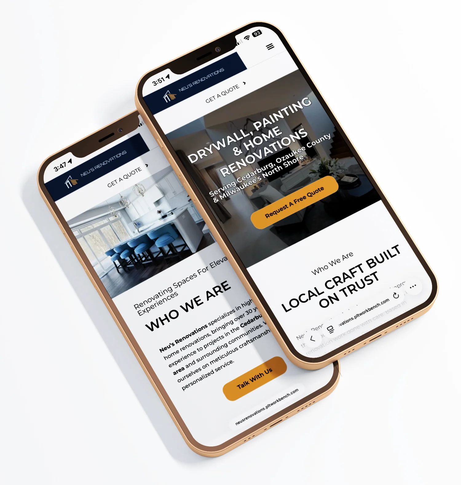 Neu's Renovations website on 2 cellphones