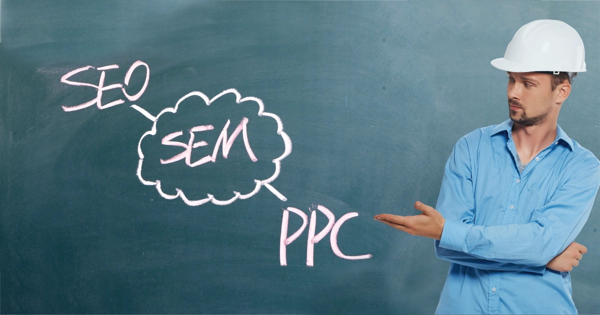 Contractor trying to decide between SEO or PPC on a chalkboard