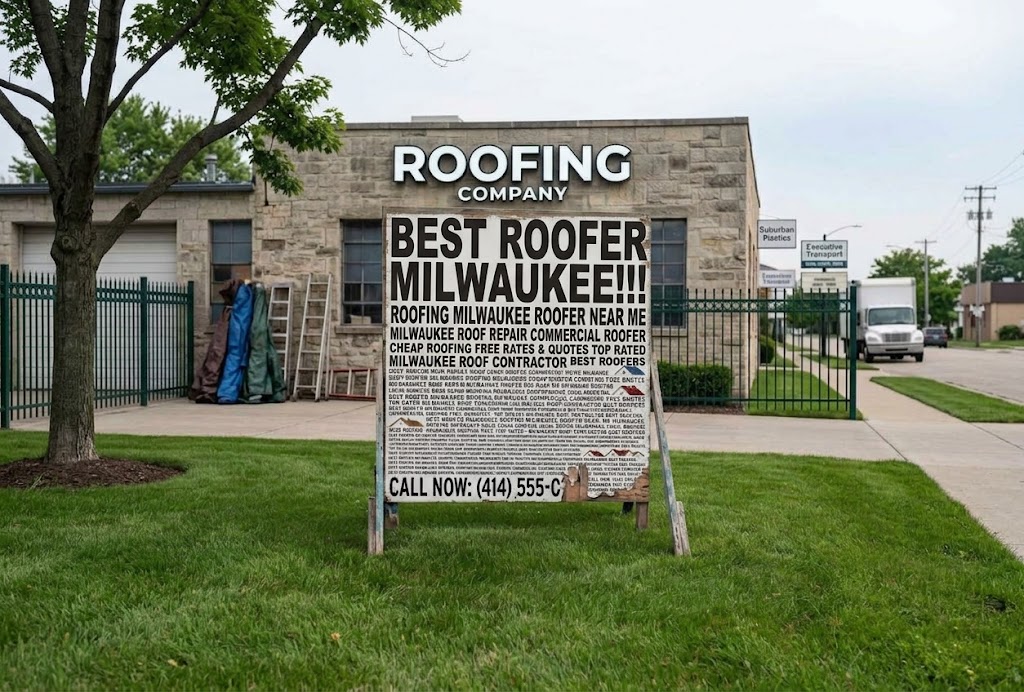 Storefront sign crammed with repeated keywords like "best roofer Milwaukee," showing how keyword stuffing makes content hard to read
